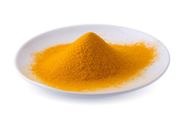 Dry Turmeric Organic Herbal or Turmeric Powder spice pile in a white bowl isolated on white background
