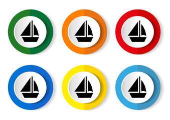 Vector yacht icons, set of colorful flat design buttons for web design and mobile apps