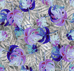 Seamless pattern with painted leaves of tropical plants. Grass and trees botanical style. Herbs in a trending background. Print for textiles and paper