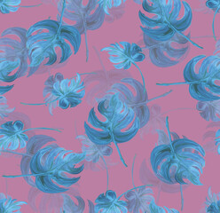 Seamless pattern with painted leaves of tropical plants. Grass and trees botanical style. Herbs in a trending background. Print for textiles and paper