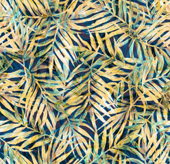 Seamless pattern with painted leaves of tropical plants. Grass and trees botanical style. Herbs in a trending background. Print for textiles and paper