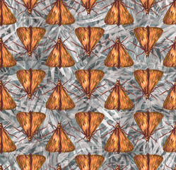 Obraz premium Seamless pattern with painted insects with wings. butterflies and moths living on grass and trees. Animals in a trending background. Print for textiles and paper