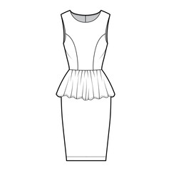 Dress peplum technical fashion illustration with sleeveless, fitted body, knee length sheath skirt, round neck. Flat apparel front, white color style. Women, unisex CAD mockup