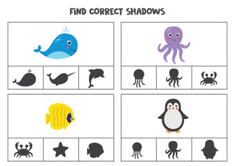 Find shadows of cute sea animals. Cards for kids.