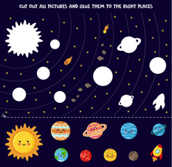Obraz na płótnie Canvas Cut and glue game for kids. Set of cute solar system planets.