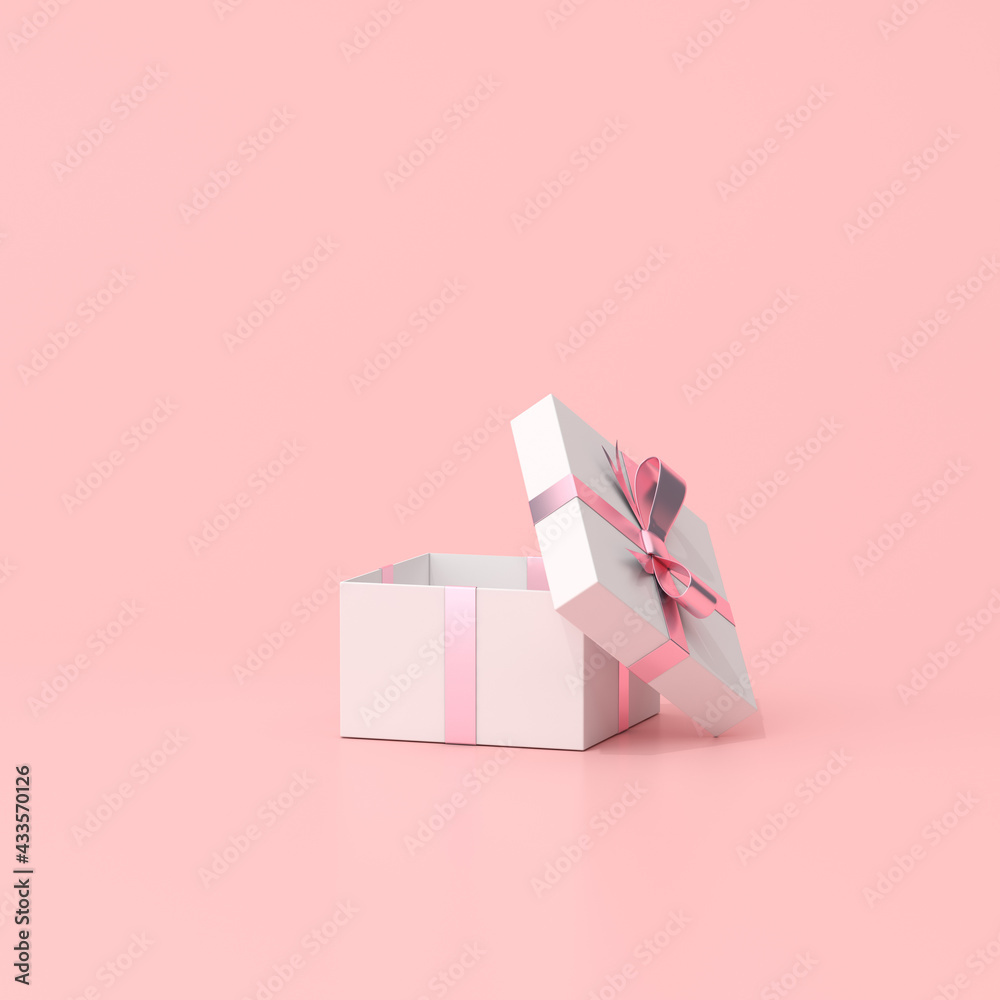 Poster 3D rendering of open gift box on pink background.