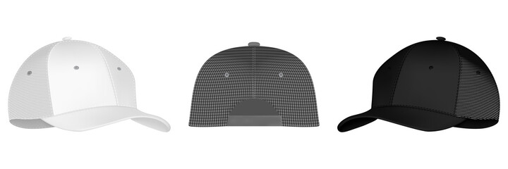 Cap or hat. Mockup and blank template of baseball uniform cap with front, back and right side view. Isolated vector illustrations set. Design template, vector eps10 illustration.