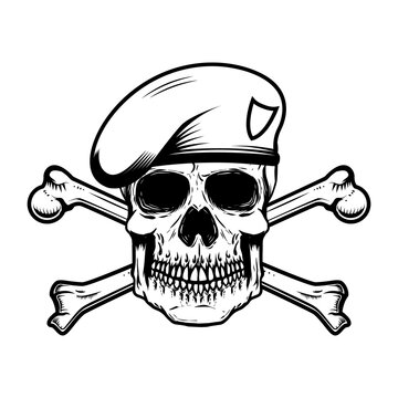 Illustration of soldier skull in paratrooper beret with crossed bones. Design element for logo, label, sign, emblem. Vector illustration