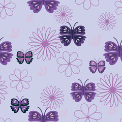 Purple Butterfly Spring seamless floral pattern