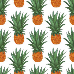 Pineapple seamless pattern. Pineapple fruit isolated on white. Hand drawn watercolor illustration 