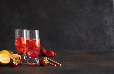 Strawberry juice with mint and lemon. Cold drink with strawberries.