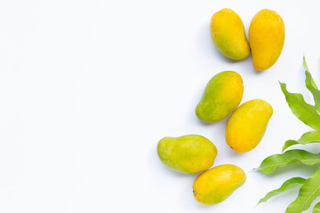 Tropical fruit, Mango with leaves on white