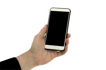 One hand holding smartphone isolated on white background, mobile phone on hand with copy space for your text including clipping path.