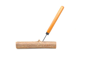Wooden block and wood cutter on white background close-up