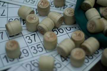 closeup of board game, lotto`s kegs and cards close up