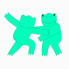 two psychedelic green frogs of the 70s are dancing. Hippie quirky  amphibian characters. Neon acid vintage pets. Indie kid style. Funny bizarre frogs couple stickers.silhouette for plotter