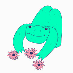 Funny princess frog sticker. Hippie psychedelic frog and flowers 60s and 70s style. Funny Groovy animal. Template for a plotter and tattoo .Isolated patches for cards, cases. Amphibian reptile