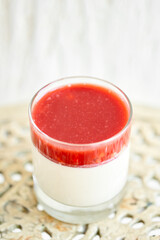 Panakota fresh cream dessert with strawberries on table.