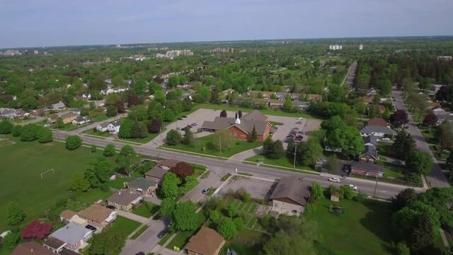 Aerial shot moving closer to church in London, Ontario, Canada