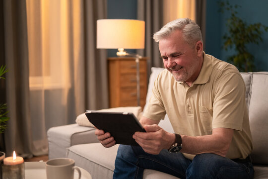 Elderly man sits on the living room couch in the evening with a tablet and a mug of tea. Man relaxes on the sofa at home at the coffee table with a mug of tea, coffee. The senior reads news on tablet.