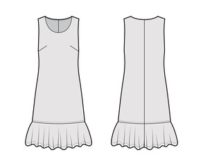 Dress dropped waist technical fashion illustration with sleeveless, oversized body, knee length skirt, round neck. Flat apparel front, back, grey color style. Women, men unisex CAD mockup