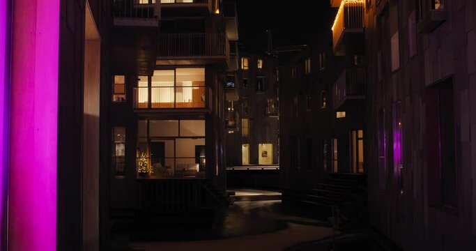 Bj&oslash;rvika apartments by fjord channel on cold winter night - handheld parallax