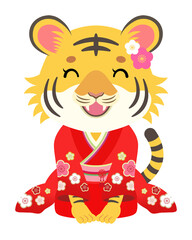 2022年　寅年　笑顔で挨拶する晴れ着のトラ