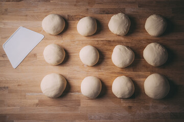 Bread buns in a top view, soft dough in bakery