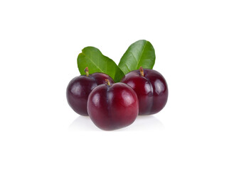 red cherry plum with leaf isolate on white background.
