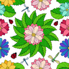 Summer colorful flowers with insects: ladybug and 
dragonfly. Vector image. For textiles, 
backgrounds, and packaging products