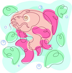 Carp fish swims in the water among water lilies and algae. Colored lines. One continuous line logo single hand drawn isolated minimal illustration.Colored abstract background.