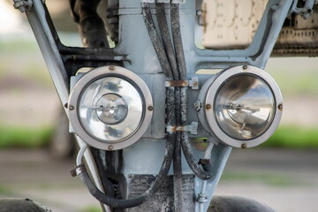 Fototapeta premium Landing gear. Front part of chassis of aircraft closeup