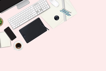 Realistic workspace elements, workplace with elements on desk top view,Modern Technology working Place, plant,keyboard,cup of coffee, smartphone,monitor,writting item vector graphic on pink.