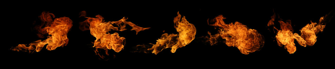 Fire collection set of flame burning isolated on dark background for graphic design