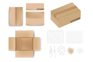 Mockup carton box in different view with tape or opened view, object comes with cushion material as bubble wrap, foam sheet, paper cushion, air cushion bag, realistic vector illustration