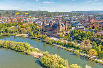 Fototapeta na wymiar Panoramic aerial view over German city Aschaffenburg on the river Main