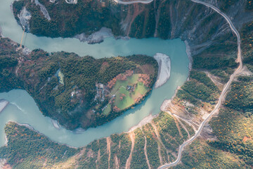 aerial view of river in mountains