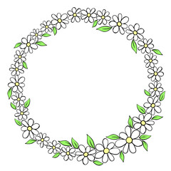 Fototapeta premium Vector hand drawn circle frame, border, wreath from black outline small flowers in doodle style. Cute simple primitive background, decoration for invitation, greeting card, wedding