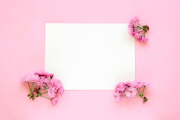 White blank sheet and cherry blossom on pink background. Top view, flat lay, copy space. Spring concept. Mock up