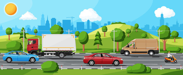 Fototapeta na wymiar Suburb Road With Cargo Truck Trailer, Cars, Van And Motorbike. Road Over Hills And Forest Landscape. Suburban Transportation And Cargo. Flat Vector Illustration