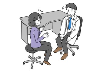 医者に病気の症状を話すシニア女性のイラスト