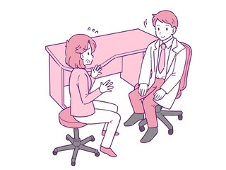 医者に病気の症状を話すおばあちゃんのイラスト