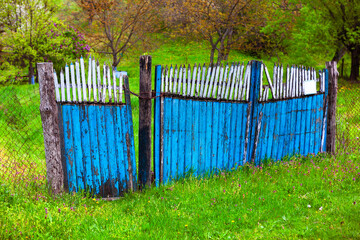 Rustic fence and green meadow . Blue fence and green grass. Village garden in the spring . Rural address