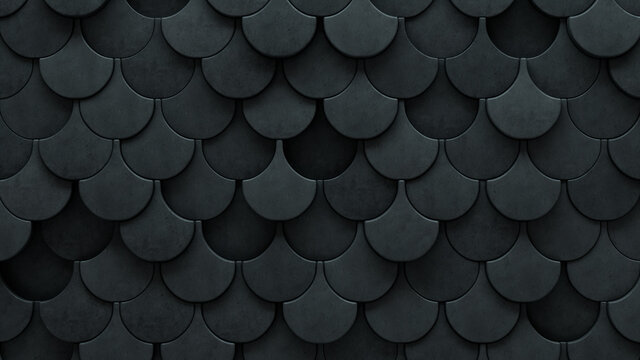 Polished, Fish Scale Mosaic Tiles arranged in the shape of a wall. 3D, Concrete, Bricks stacked to create a Semigloss block background. 3D Render