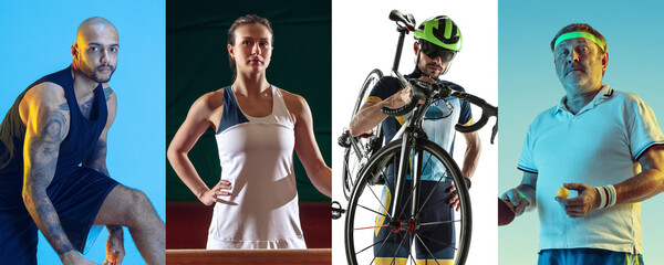 Collage of different professional sportsmen, fit people in action and motion isolated on multicolored neon background. Flyer.
