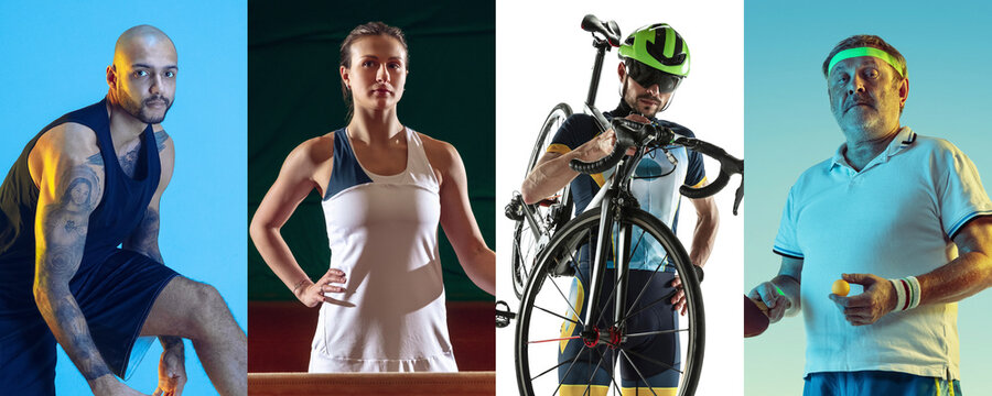 Collage of different professional sportsmen, fit people in action and motion isolated on multicolored neon background. Flyer.