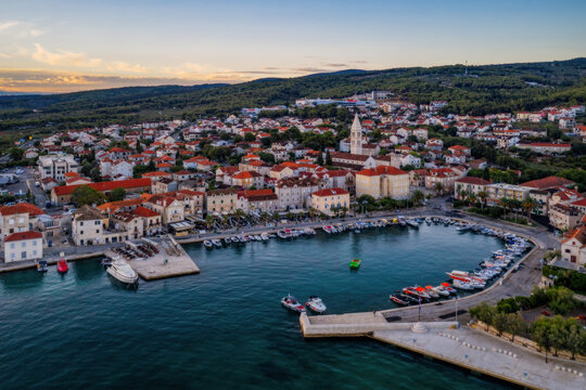 Picturesque scenic view on Supetar on Brac island, Croatia. Aerial drone view in august 2020