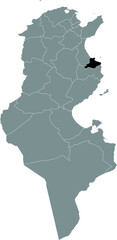 Black highlighted location map of the Tunisian Monastir governorate inside gray map of the Tunisian Republic