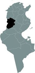 Black highlighted location map of the Tunisian Zaghouan governorate inside gray map of the Tunisian Republic