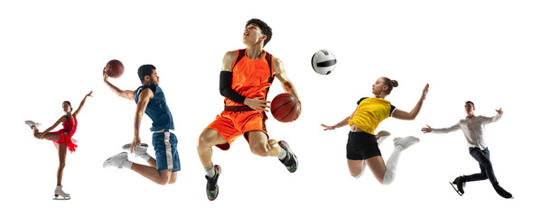 Collage of different professional sportsmen, fit people in action and motion isolated on white...